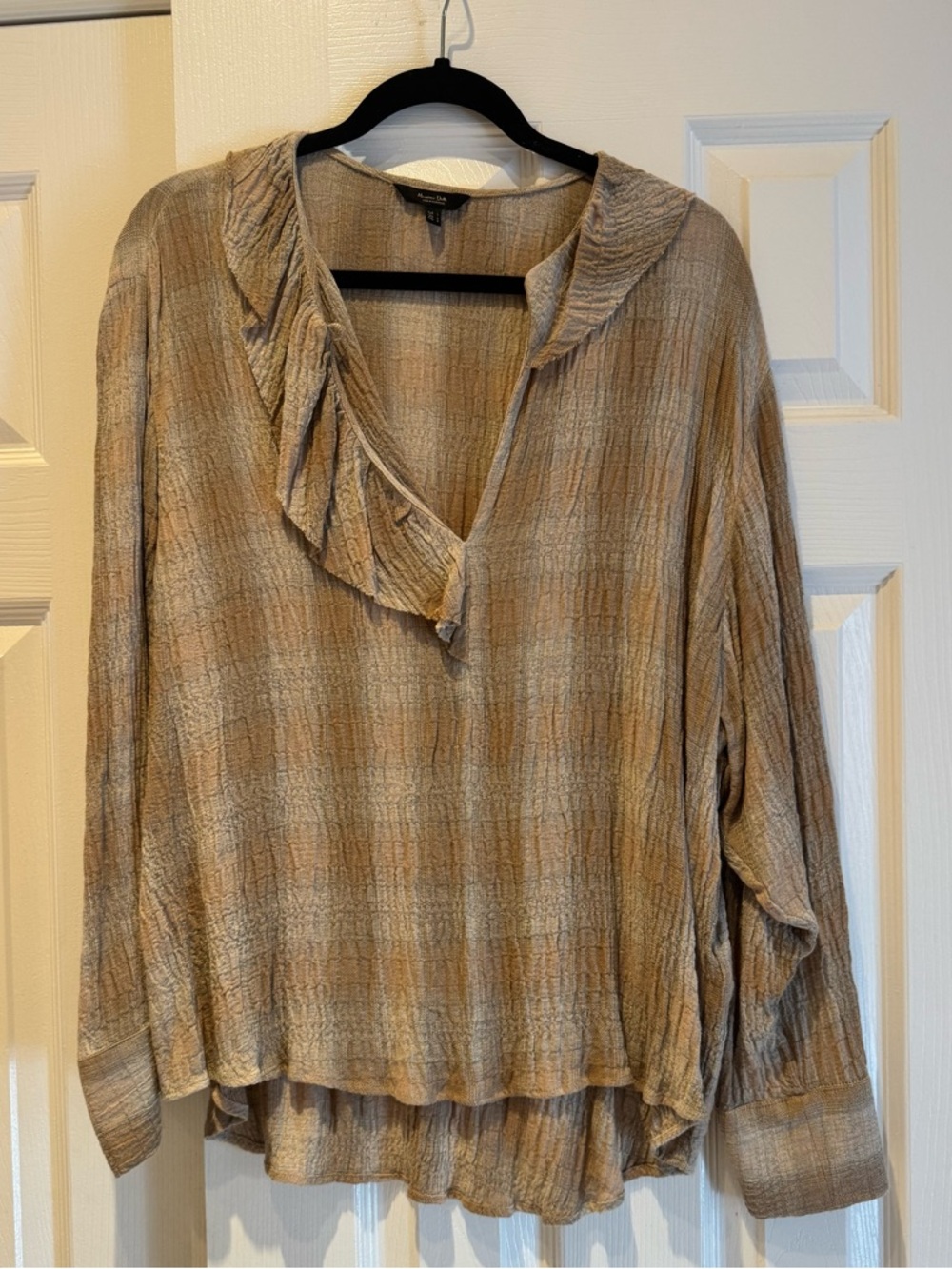 Massimo Dutti Taupe Plaid Ruffle V-Neck Long Sleeve Blouse